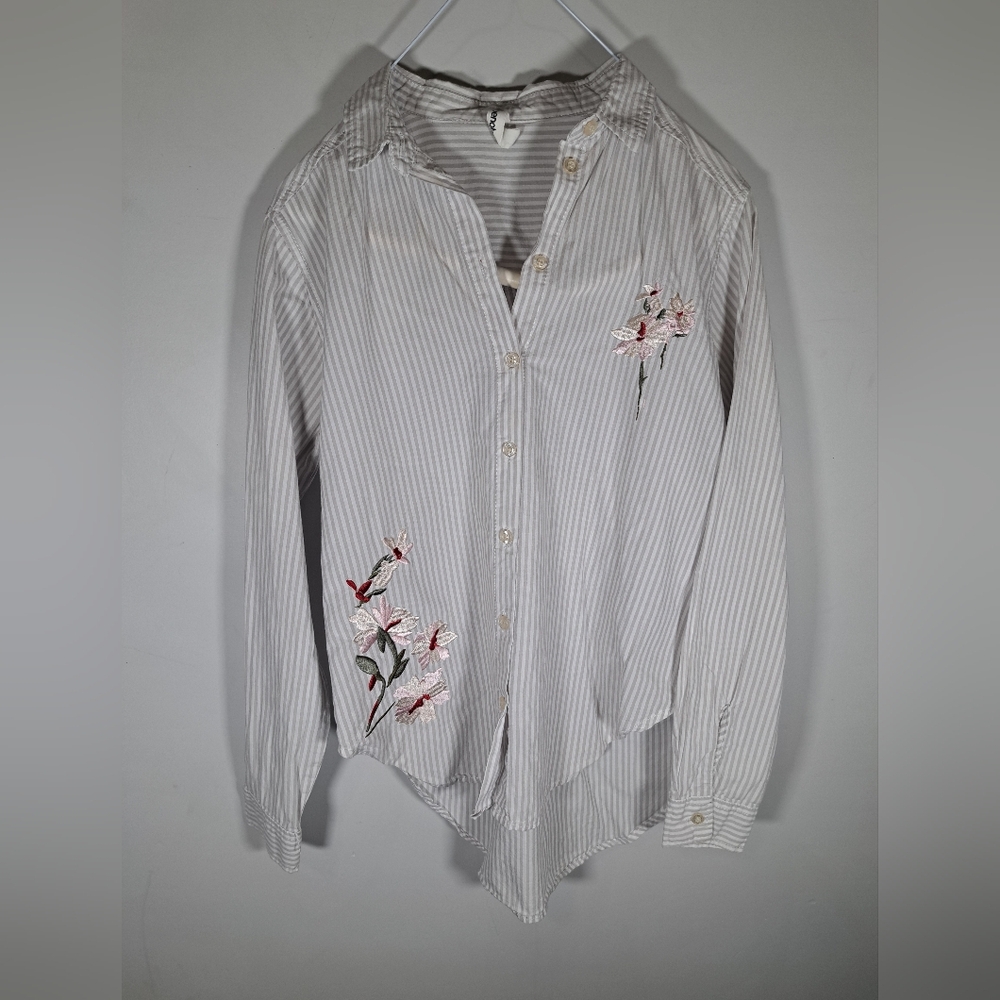 Bluenotes Button Up Striped Blouse with Embroidered Flowers XS